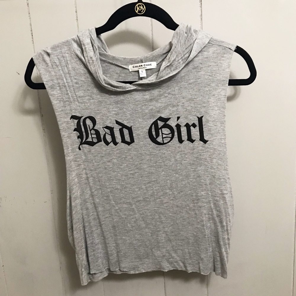 Gray Cropped Muscle Tank with Hood “BAD GIRL”